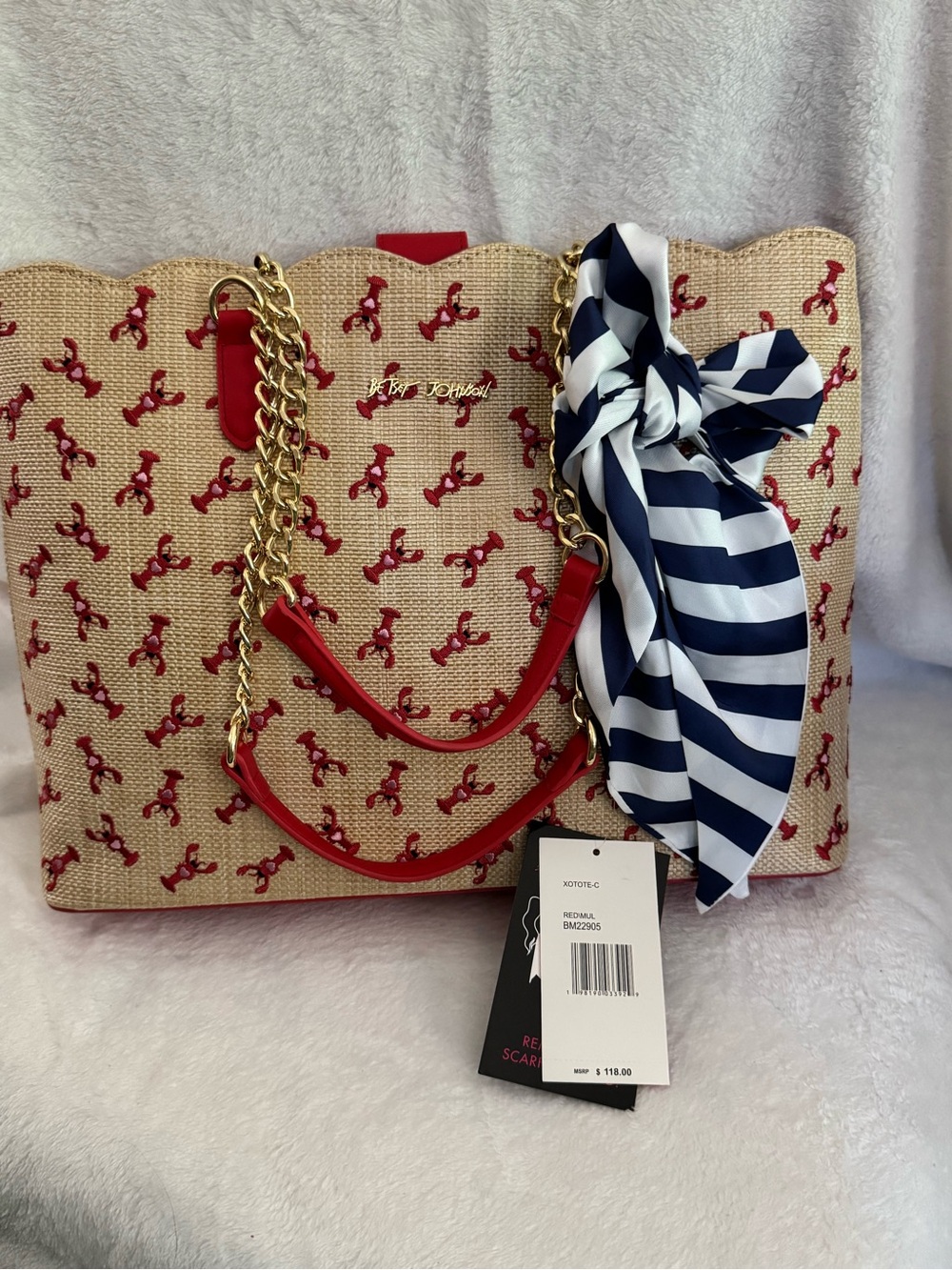 Betsey Johnson Red Lobster Embroidered Straw Tote with Navy-White Scarf